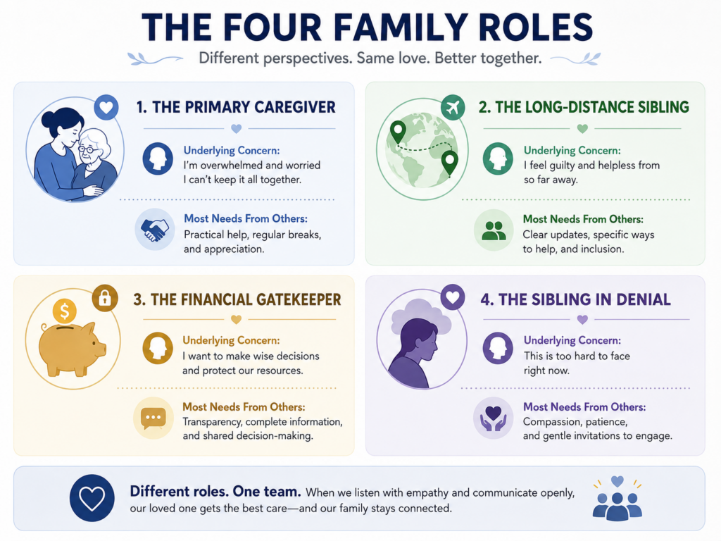 Four-quadrant graphic showing common sibling roles in family caregiving decisions and what each one needs from the others